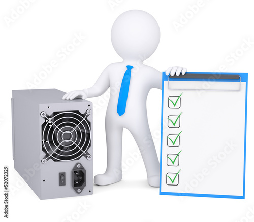 Illustration: 3d man next to the computer power supply 3d man next to the computer power supply