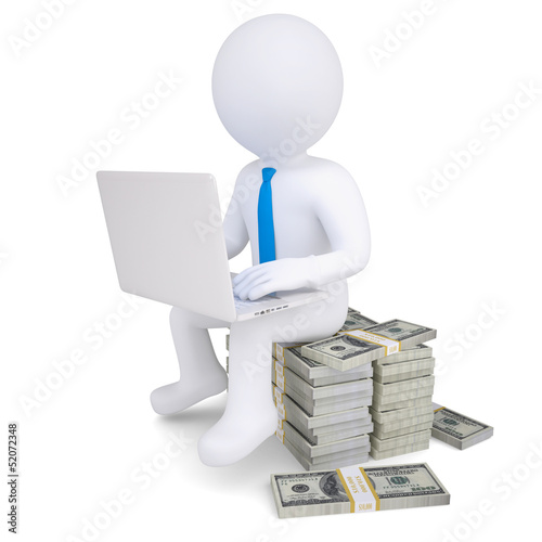 Illustration: 3d man with laptop sitting on a pile of money 3d man with laptop sitting on a pile of money