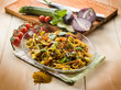 pasta with eggplants zucchinis tomatoes and curry
