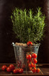 vegetables and rosemary in metal bucket