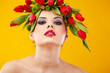 Photo: beauty woman portrait with wreath from flowers on head over yell beauty woman portrait with wreath from flowers on head over yell