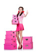 Young woman with storage boxes on white