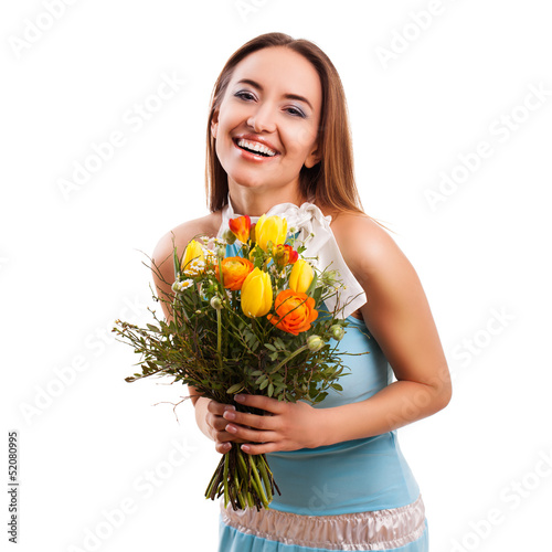 Photo: attraktive junge lachende Frau mit Blumenstrauß attraktive junge lachende Frau mit Blumenstrauß