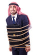 Arab man tied up with rope on white