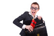 Businesswoman with dynamite on white
