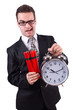 Photo: Man with time bomb isolated on white Man with time bomb isolated on white