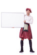 Scotsman with blank board on white