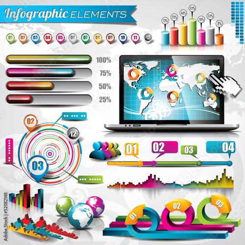Vector: Vector design set of infographic elements and world map. Vector design set of infographic elements and world map.
