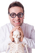 Funny doctor with skeleton isolated on white