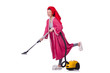 Woman working with vacuum cleaner on white