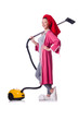 Woman working with vacuum cleaner on white