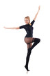Young woman dancing on white background
