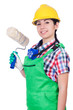 Woman painter with paintbrush on white
