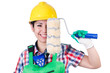 Woman painter with paintbrush on white