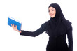 Young muslim woman with book on white