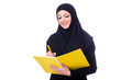Young muslim woman with book on white