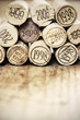 Vintage corks on wood, copyspace
