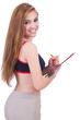 Young woman with notepad writing on white