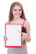 Young woman with notepad writing on white