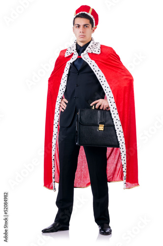 Photo: Businessman playing king isolated on white Businessman playing king isolated on white