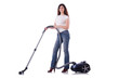 Young woman with vacuum cleaner on white