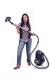 Young woman with vacuum cleaner on white