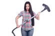 Young woman with vacuum cleaner on white