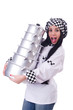 Cook with stack of pots on white
