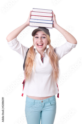 Photo: Girl student with books on white Girl student with books on white