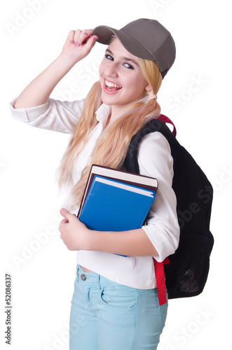 Photo: Girl student with books on white Girl student with books on white