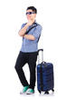 Young guy with travel case on white