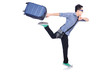 Young guy with travel case on white