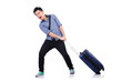 Young guy with travel case on white