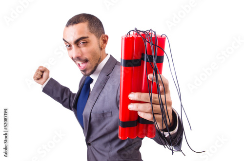 Photo: Businessman with dynamite isolated on white Businessman with dynamite isolated on white