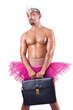 Man in tutu with briefcase on white