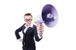 Young businessman with loudspeaker on white