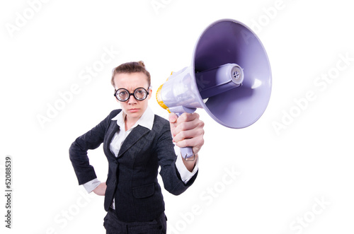 Photo: Young businessman with loudspeaker on white Young businessman with loudspeaker on white