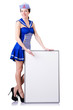 Stewardess with blank board on white