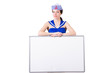 Stewardess with blank board on white