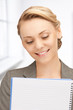 happy woman with big notepad
