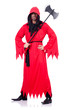 Executioner in red costume with axe on white