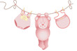 Teddy bear baby girl hanging on a clothesline