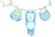 Teddy bear baby boy hanging on a clothesline