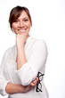 Thinking woman smiling looking up