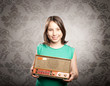 woman with old retro radio
