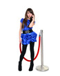nice  young girls holding red rope and talking on the phone