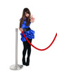cute teen stops showing stop gesture near event entrance