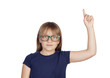 Beautiful little girl with glasses asking to speak