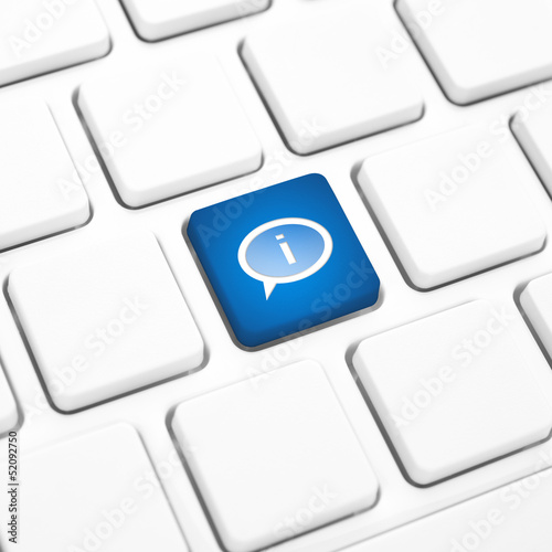 Photo: Info or information concept, blue key on white keyboard Info or information concept, blue key on white keyboard