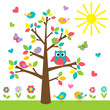 Vector: Colorful tree with cute owl and birds Colorful tree with cute owl and birds